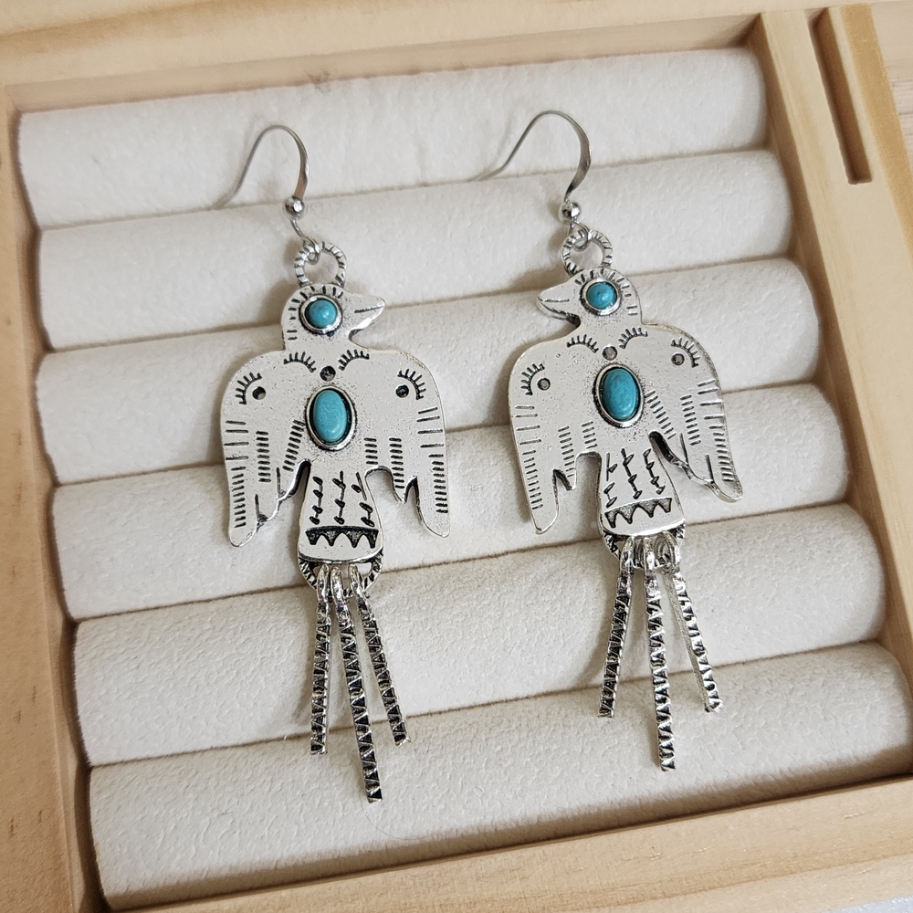Southwestern Style Eagle Bird Dangle Earrings with Faux Turquoise Stone